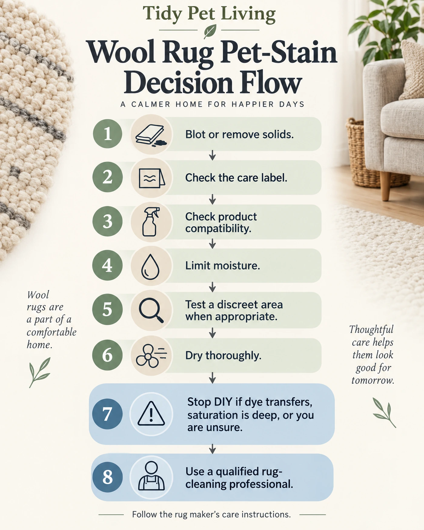 Wool rug pet stain decision flow from blotting to professional handoff